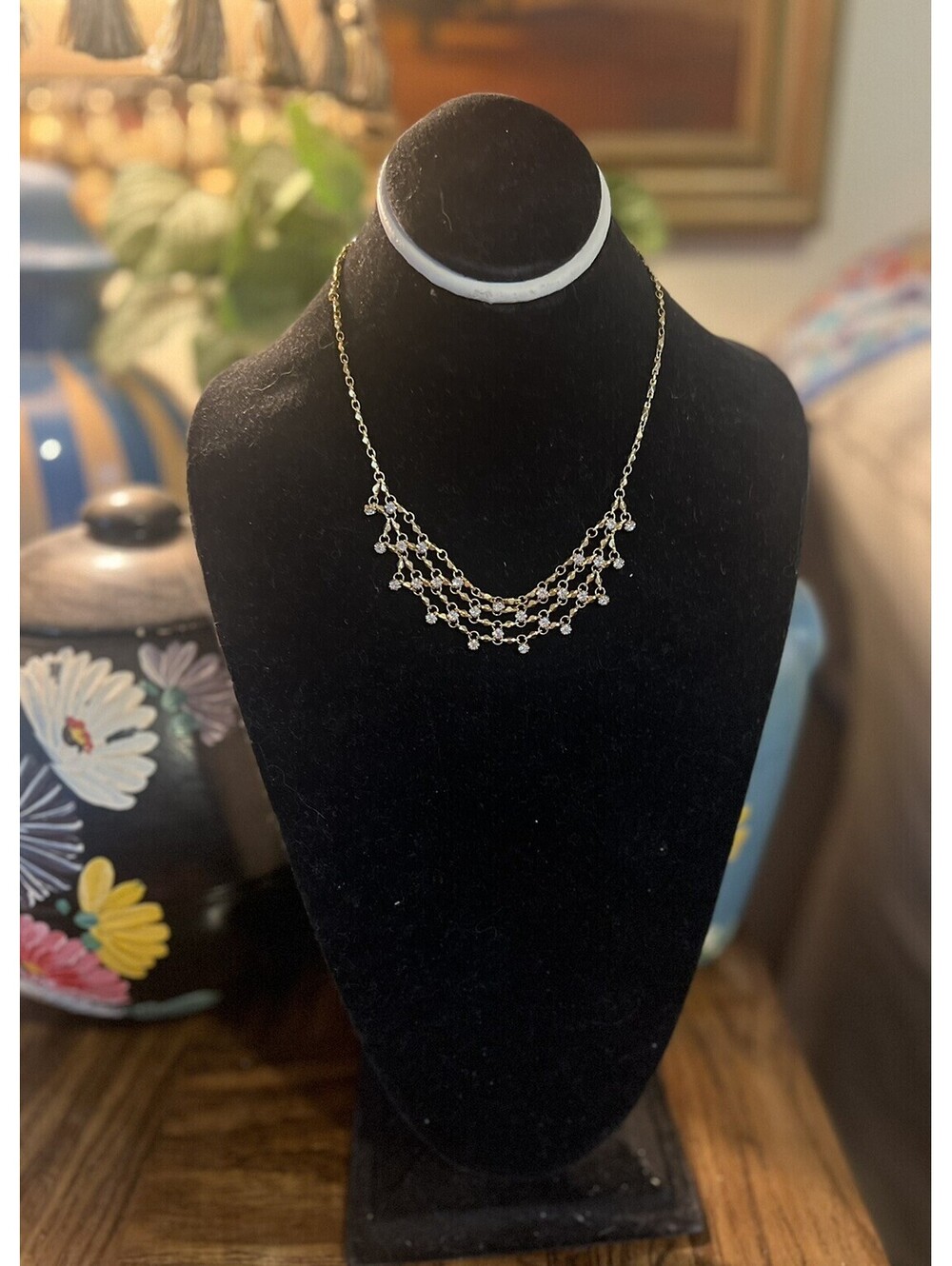 Fancy Vintage Premier Designs Gold Tone & Rhinestones 16 Inch Bib Necklace PD
